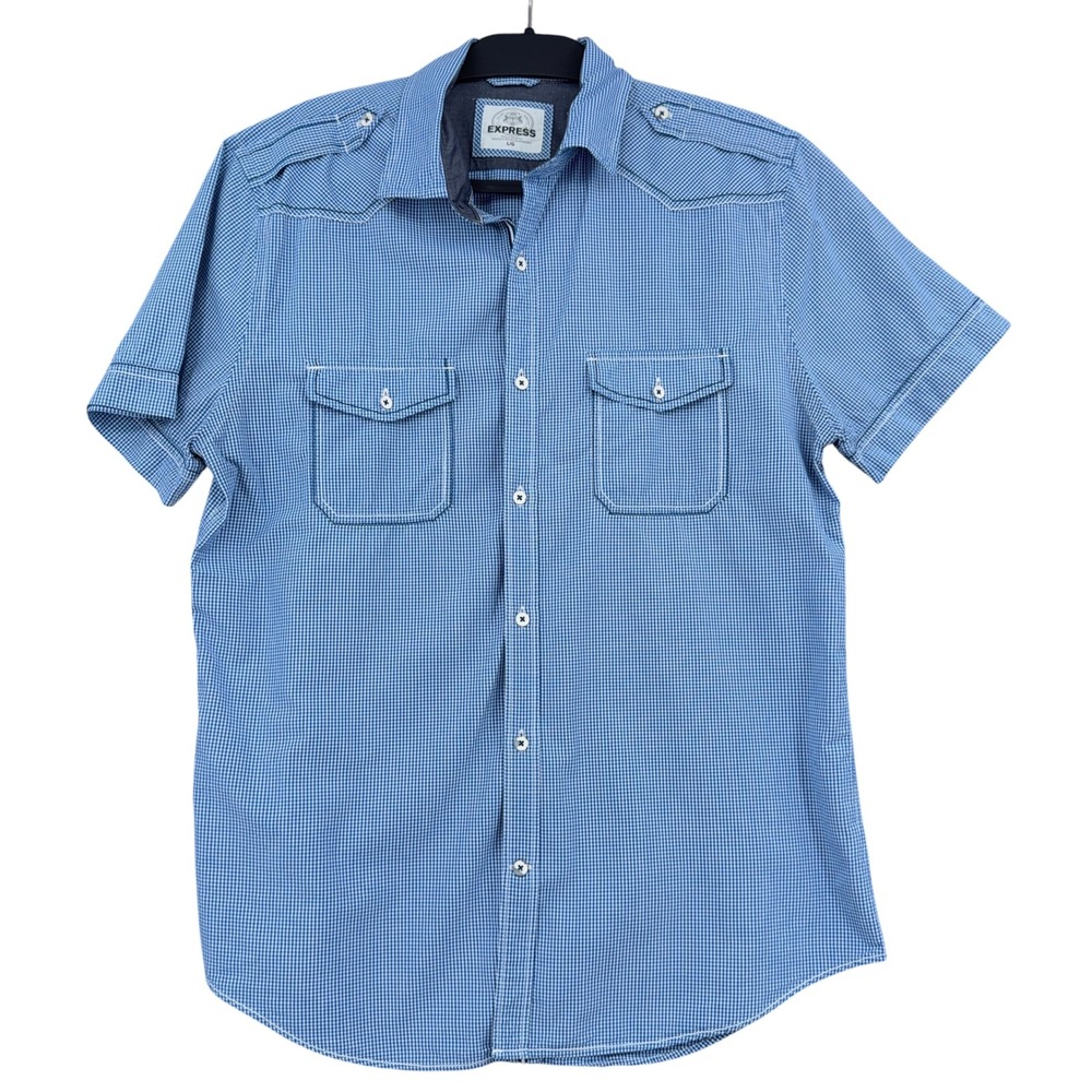 Express‎ Military Style Shirt Mens Large 100% Cotton Blue Gingham Short Sleeve